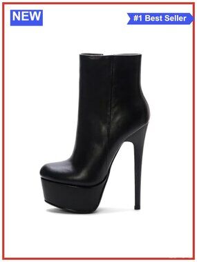 Genuine Leather Stiletto Ankle Boots Platform Round Toe Side Zip